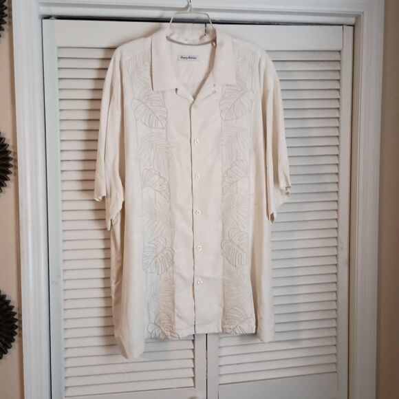 Tommy Bahama Mens Button Sz 2XLB 100% Silk Beige Monstera Palm Leaf Embroidered - Picture 1 of 7